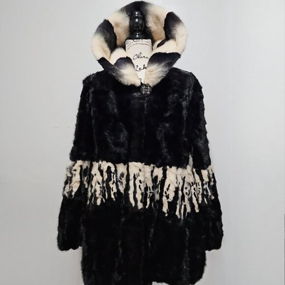 New Real MINK Overcoat Jacket Blazer Lantern Sleeves Hooded Black White Ombre M - Picture 3 of 6
